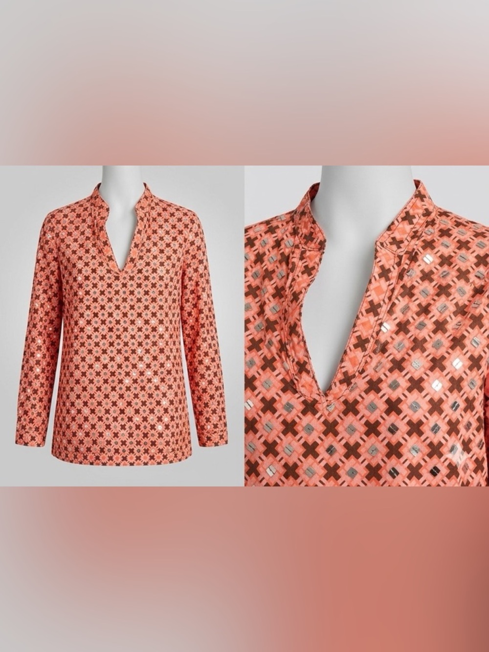 Tory Burch Coral Geo-Print Long-Sleeve Tunic Mirror Embellishments, Size 2